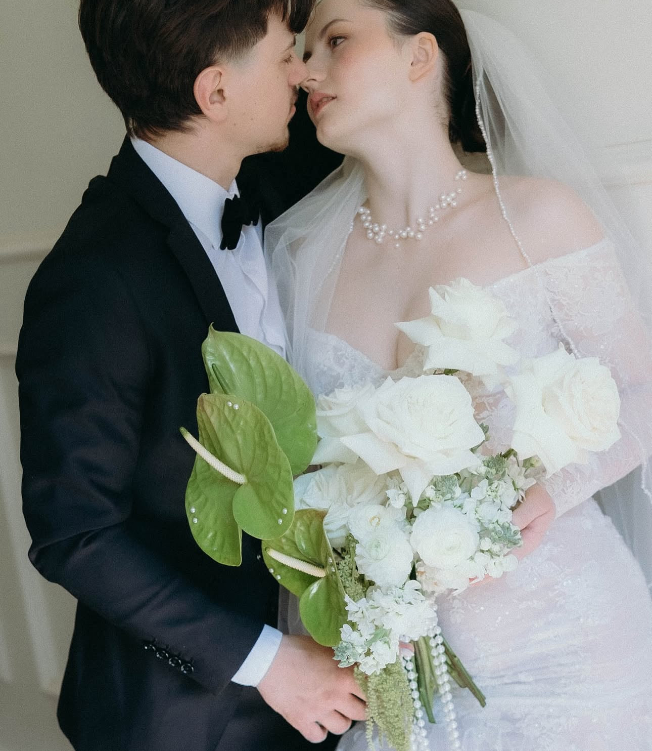 Bride Wearing Floating Pearl Necklace