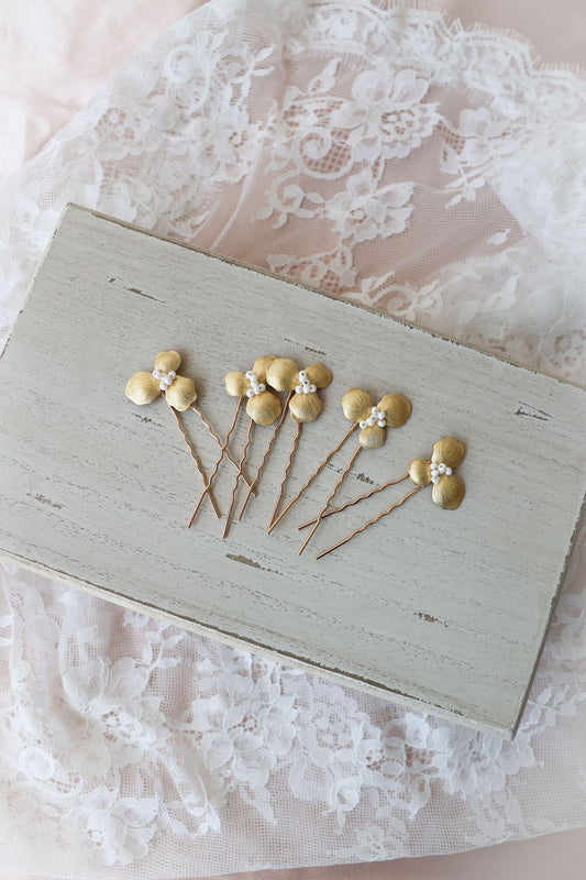 Arabella Gold Floral Hair Pins - Set of 6