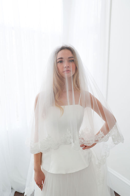 Bride Wearing Cathedral Length Lace Blusher Veil