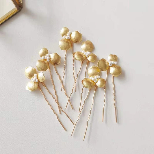 Arabella Gold Floral Hair Pins - Set of 6